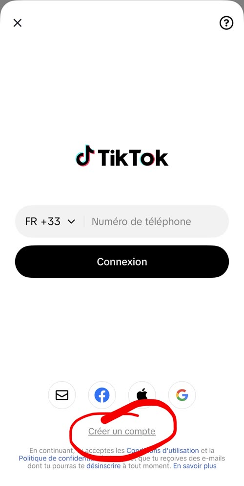 Écran de connexion TikTok, lien Créer un compte entouré