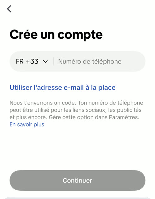 Écran Crée un compte, lien Utiliser l'adresse e-mail à la place